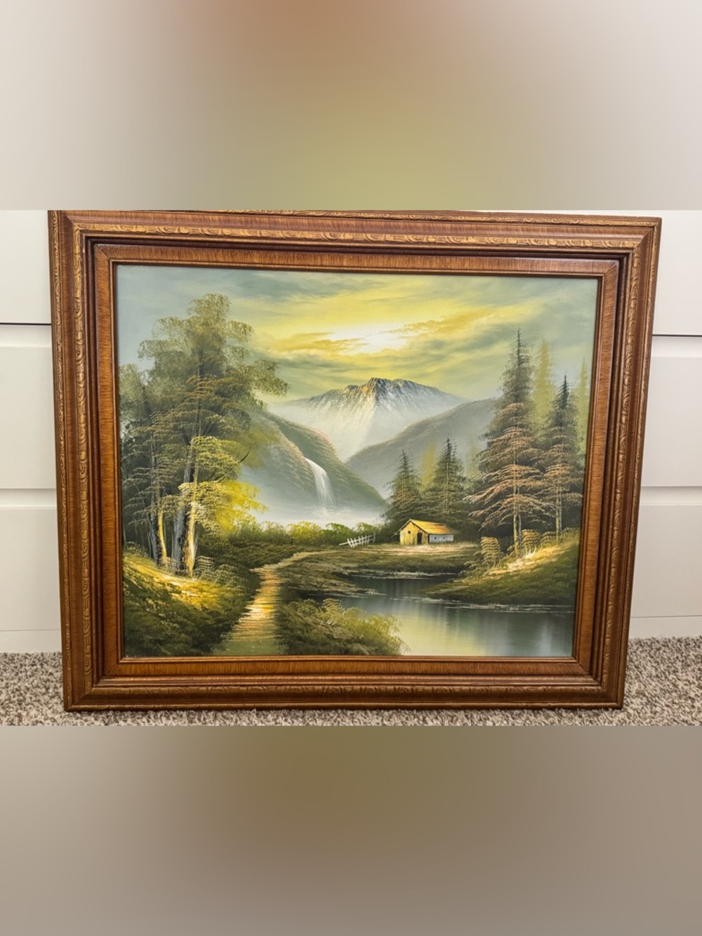 Vintage Hand Painted Framed Yellow Cottage Landscape Oil-Style Wall Art